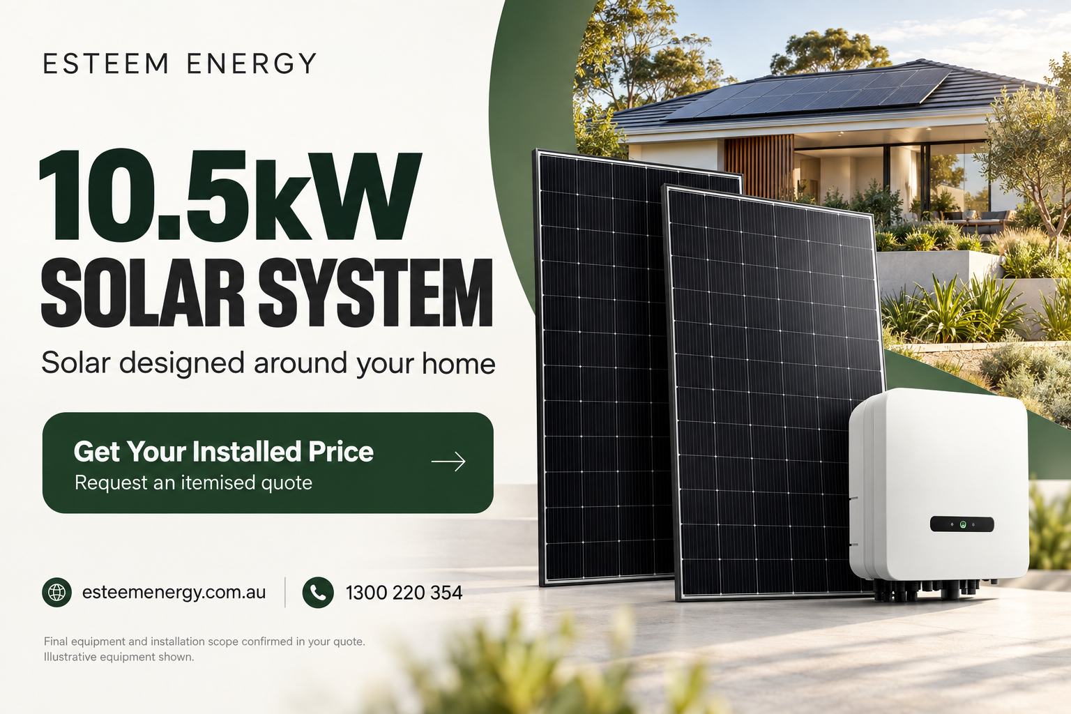 Illustrative 10.5kW solar system with rooftop panels and an inverter