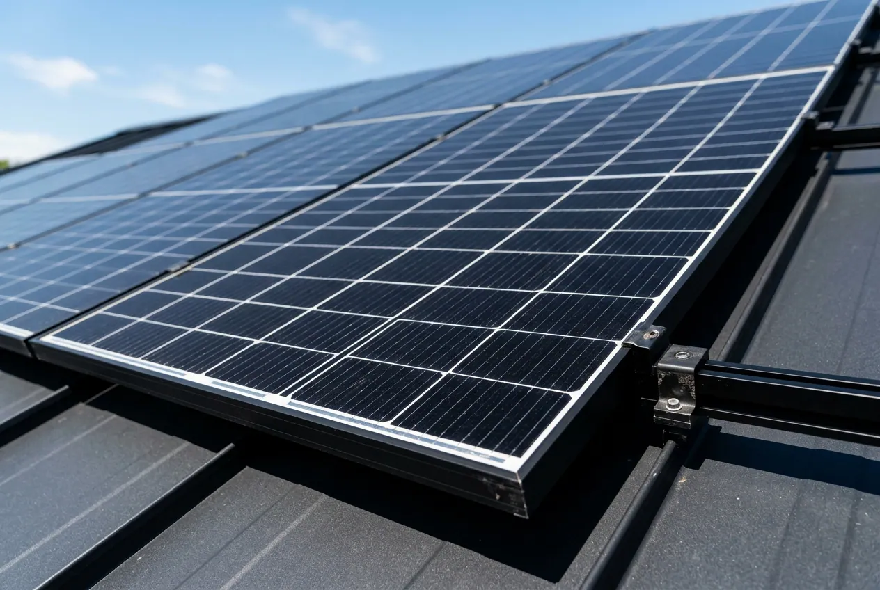 Close-up of a high-capacity rooftop solar panel array