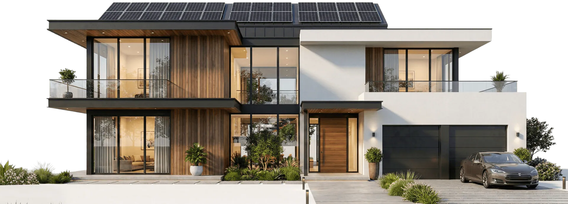 Modern house with solar panels, large windows, and a parked car.