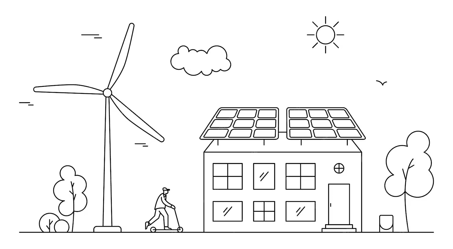 House with solar panels, wind turbine, and person on scooter.