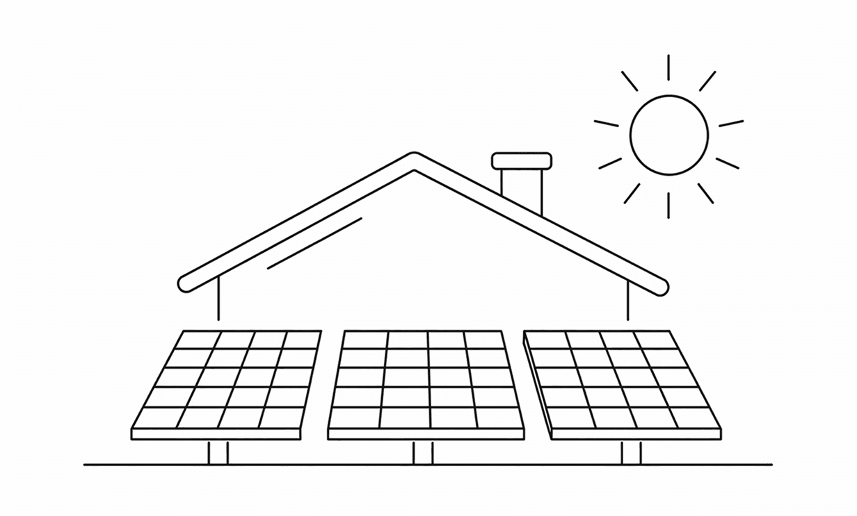 Solar panels under a house roof with sun