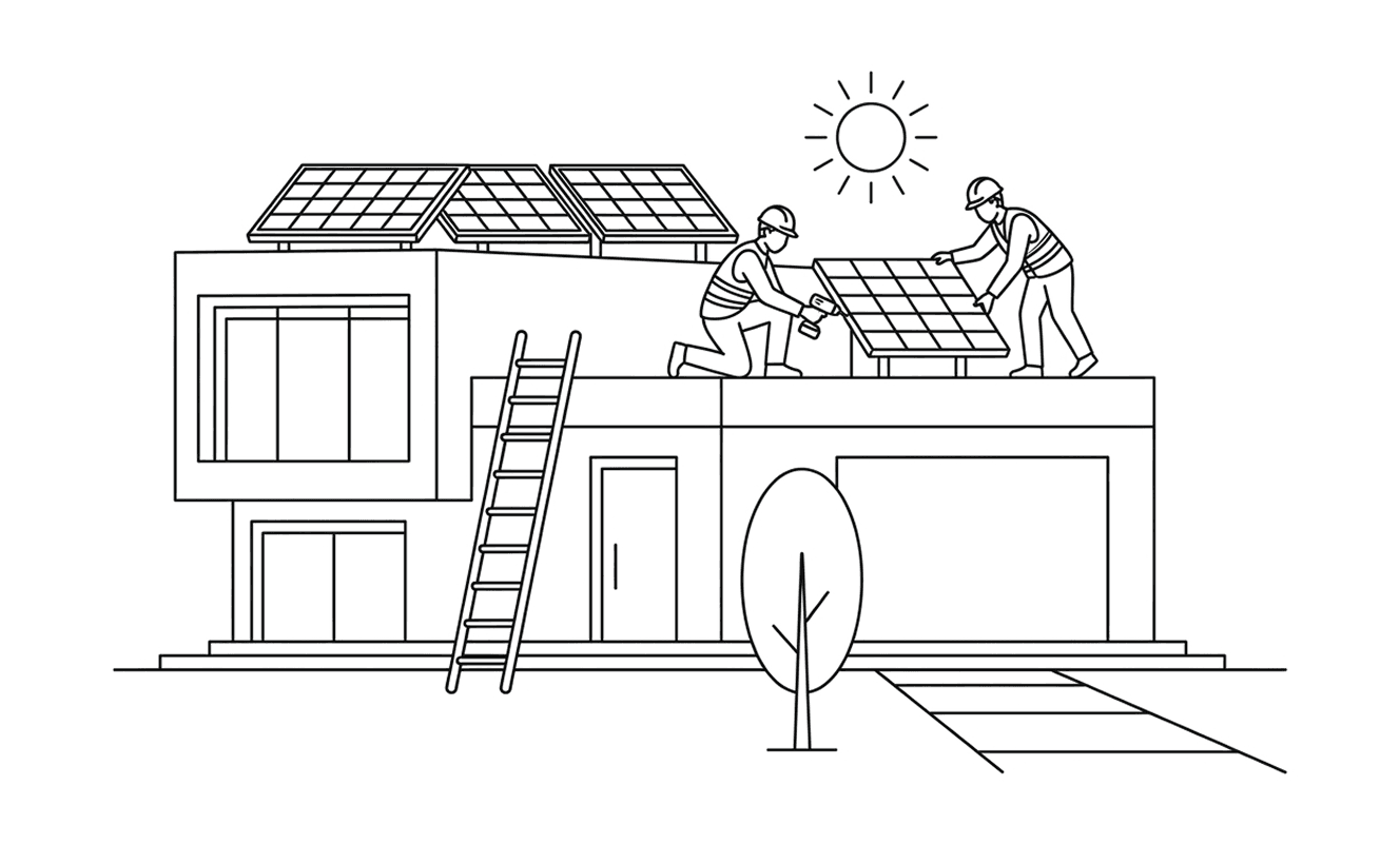Workers install solar panels on a house roof.