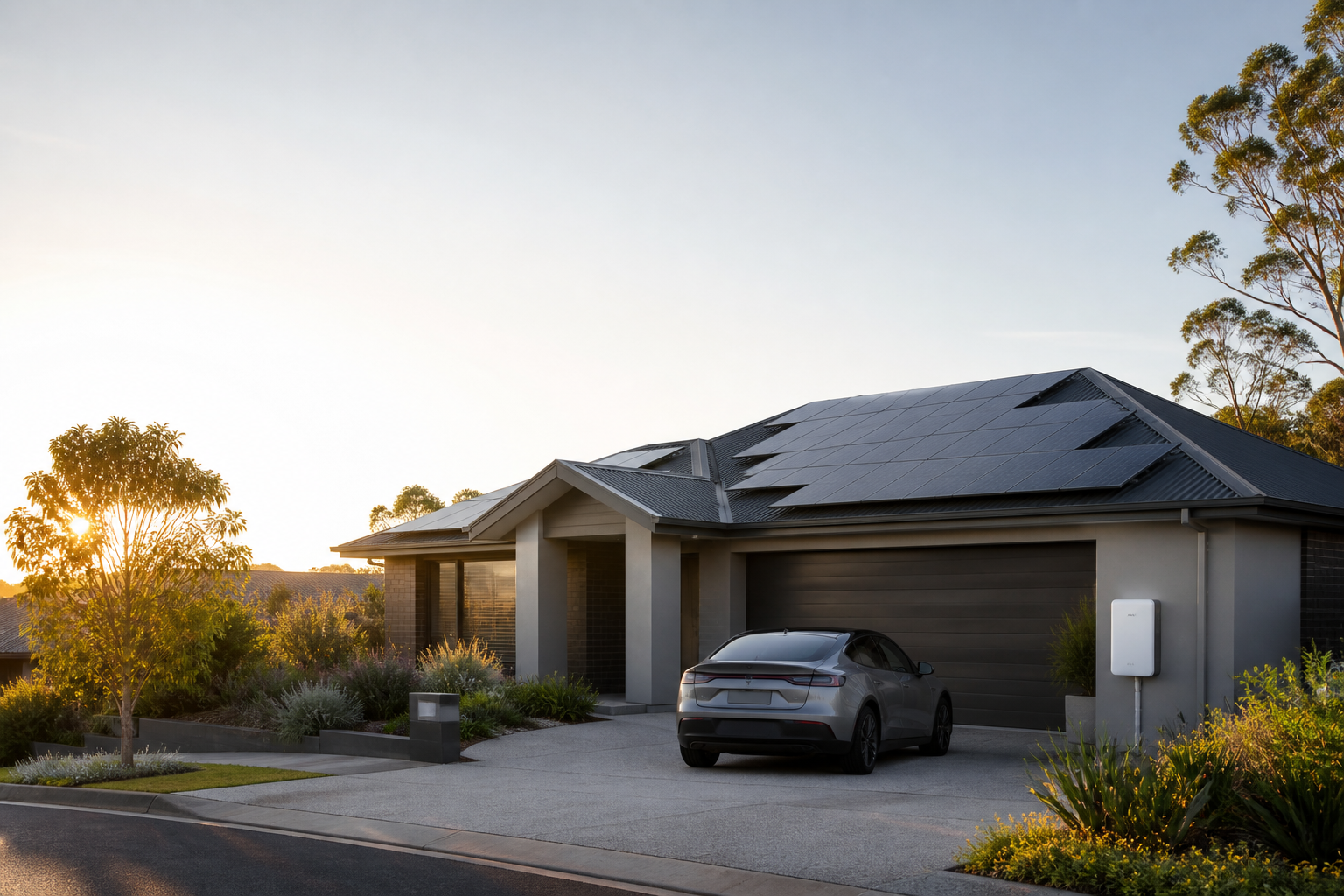 Western Sydney home with rooftop solar panels, home battery and an electric vehicle.