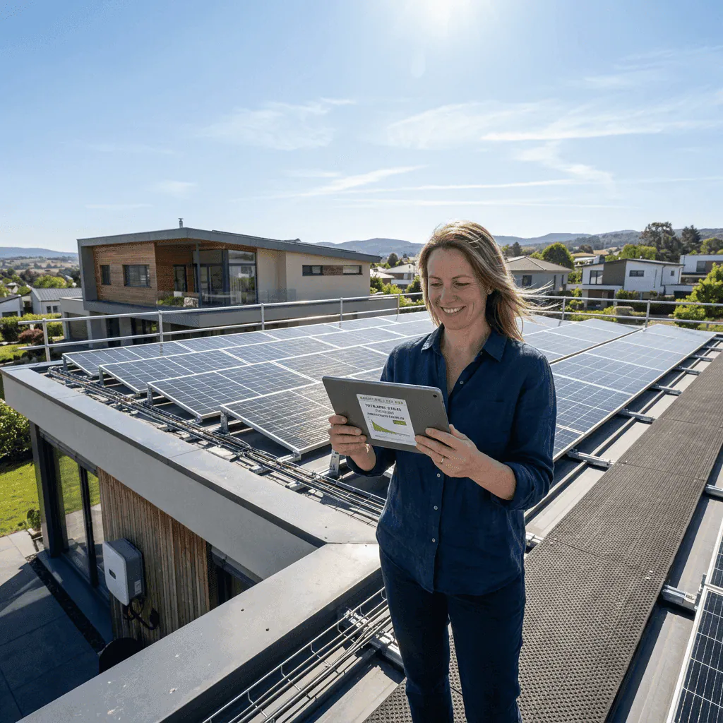 Woman with tablet on solar panel-covered rooftop under clear sky.