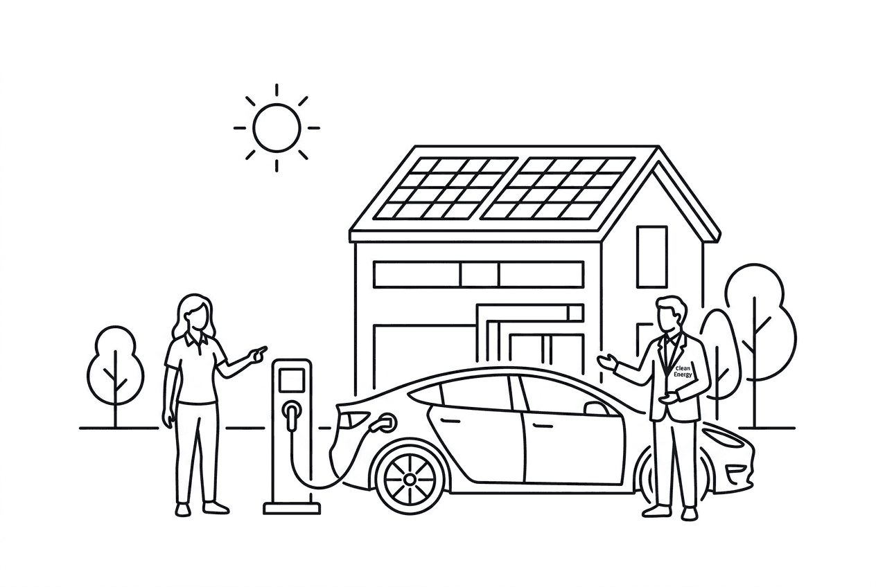 Electric car charging, house with solar panels