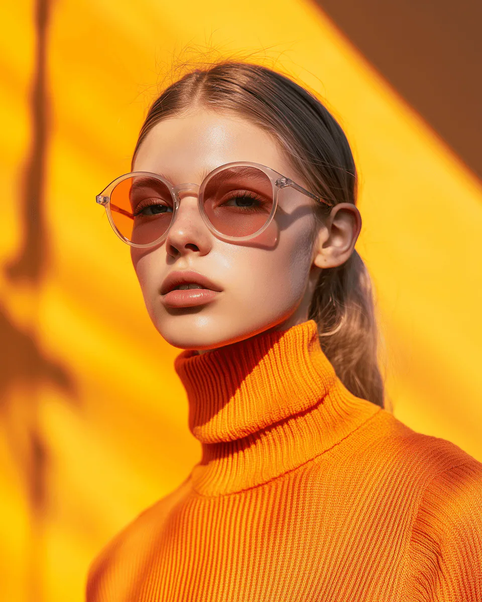 Woman in orange turtleneck and sunglasses against a vibrant orange backdrop.