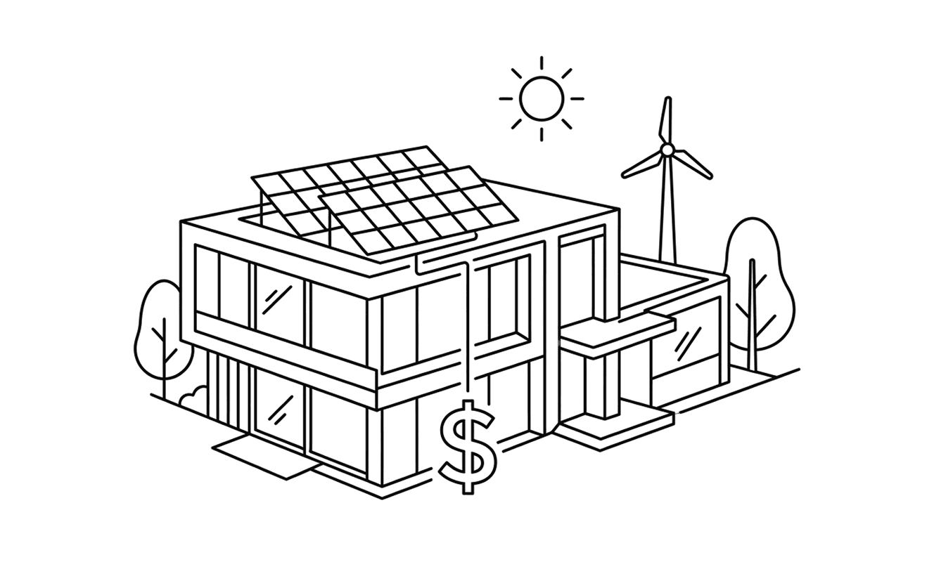 Modern house with solar panels, wind turbine, and dollar sign