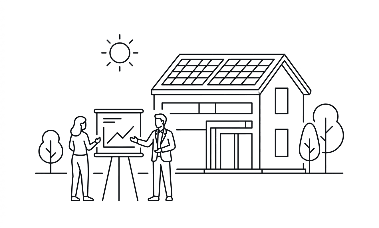 People presenting a graph near a house with solar panels.
